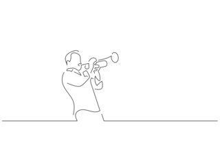 Trumpet player in line art drawing style. Composition of a musician playing. Black linear sketch isolated on white background. Vector illustration design. - obrazy, fototapety, plakaty