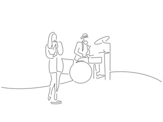 Music band in line art drawing style. Composition of a group of musicians playing. Black linear sketch isolated on white background. Vector illustration design.