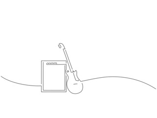 Music equipment in line art drawing style. Composition of an electric guitar and amplifier. Black linear sketch isolated on white background. Vector illustration design.