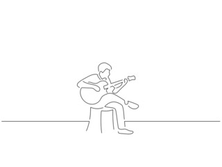 Fototapeta na wymiar Guitar player in line art drawing style. Composition of a musician playing. Black linear sketch isolated on white background. Vector illustration design.