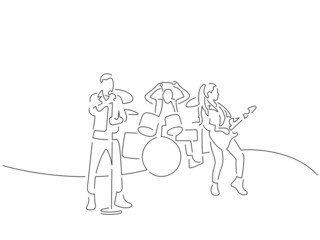 Rock band in line art drawing style. Composition of a group of musicians playing music. Black linear sketch isolated on white background. Vector illustration design.