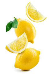 Lemon fruit isolate. Lemon whole, half, slice, leaf on white. Falling lemon slices with leaves. Flying fruit. Full depth of field. - obrazy, fototapety, plakaty