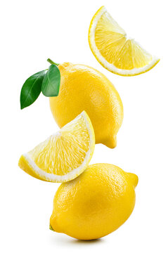 Lemon fruit isolate. Lemon whole, half, slice, leaf on white. Falling lemon slices with leaves. Flying fruit. Full depth of field.