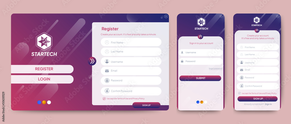 Poster set of sign up and sign in forms. red gradient background with modern logo. registration and login f