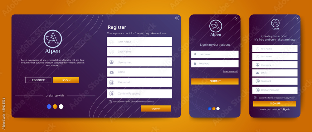 Poster set of sign up and sign in forms. black gradient background with modern logo. registration and login