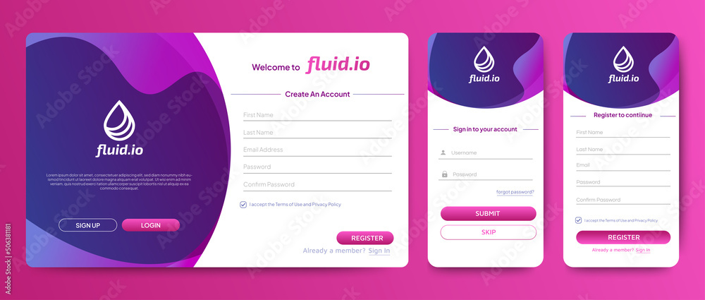 Poster set of sign up and sign in forms. blue gradient background with modern logo. registration and login 