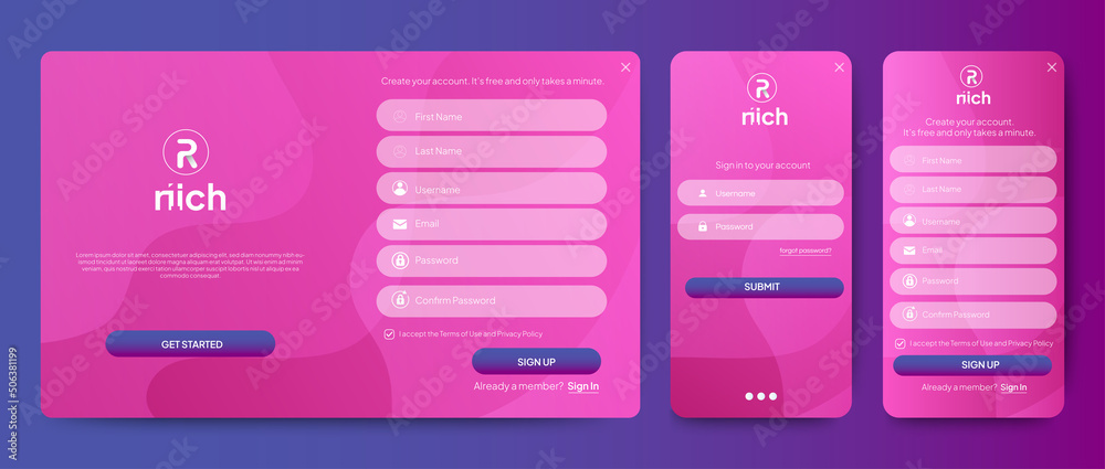 Poster set of sign up and sign in forms. red gradient background with modern logo. registration and login f