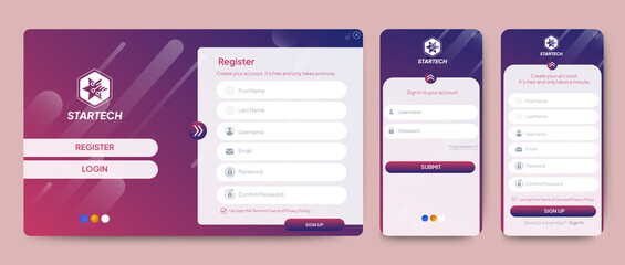 Set of Sign Up and Sign In forms. Red gradient background with modern logo. Registration and login forms page. Professional web design, full set of elements. User-friendly design materials.