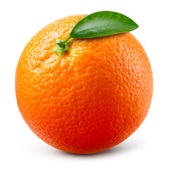 Orange fruit isolated. Whole orang on white background. Orange with leaf. With clipping path. Full depth of field.