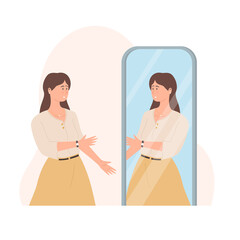 Stylish beautiful girl looks in the mirror. Young woman and her reflection in the mirror