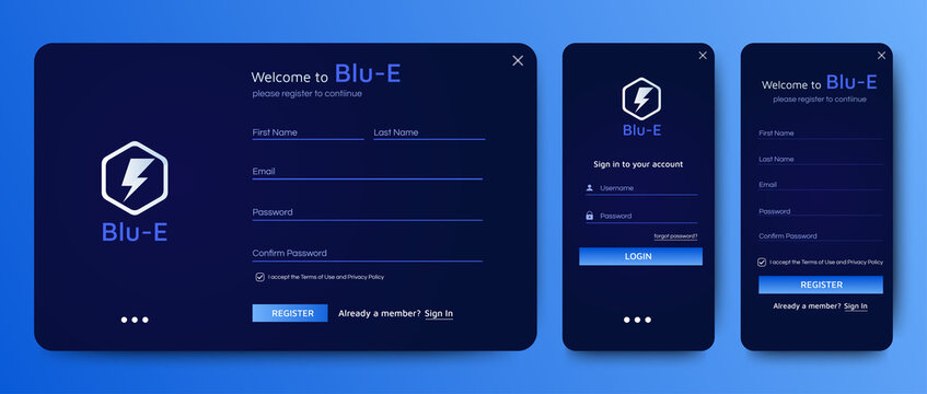 Set of Sign Up and Sign In forms. Blue gradient background with modern logo. Registration and login forms page. Professional web design, full set of elements. User-friendly design materials.