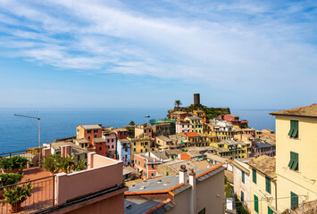 Urban skyline of the famous old village of Vernazza and seascape. Cinque Terre, National park in Liguria, La Spezia province, Italy, Europe. UNESCO world heritage site.