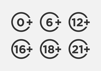 Set marks age limit sing restriction. Vector icons for children censoring content.