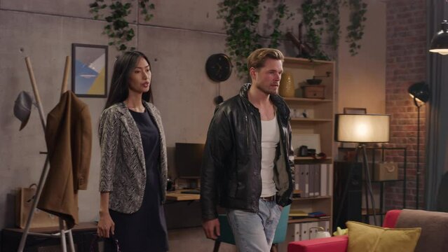 Television Sitcom about Two Couples, Montage with Opening Theme Establishing Shot of Building. Two Diverse Couples Talking in Living Room. TV Series Broadcast on Network Channel, Streaming Service