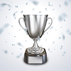 Silver trophy cup or champion cup with a blank silver plate for your text and falling shiny silver confetti. Realistic 3D vector illustration