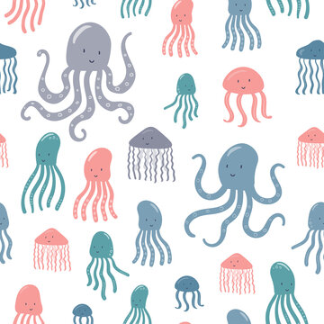 Funny little octopus. Seamless pattern for textile