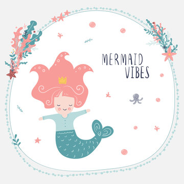 Little Mermaid with sea coral and shell. Vector poster