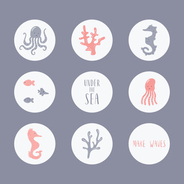 Little octopus with fish and shell. Highlight stickers