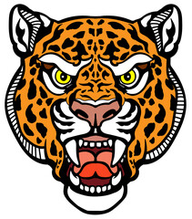 roaring leopard head. Aggressive spotted panther. Front view tattoo style vector illustration