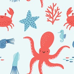 Cute cartoon undersea world. Deep Ocean or sea  with  fish, octopus, crab, seashells,  stars, sea horse, aquatic plants. Vector seamless patten © NadezdaBarkova
