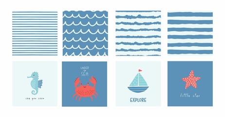 Cute cartoon undersea world. Deep Ocean or sea  with  fish, crab, stars, sea horse, ship. Vector seamless pattern © NadezdaBarkova