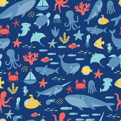 Fototapeta na wymiar Cute cartoon undersea world. Deep Ocean or sea with fish, octopus, crab, whales, narwhals, seashells, stars, cramp-fish, aquatic plants. Vector seamless pattern
