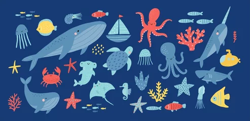 Fototapete Meeresleben Cute cartoon undersea world. Deep Ocean or sea with fish, octopus, crab, submarines, whales, narwhals, seashells, shark, stars, ship, aquatic plants. Vector illustration