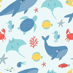 Cute cartoon undersea world. Deep Ocean or sea with fish, octopus, crab, whales, narwhals, seashells, stars, cramp-fish, aquatic plants. Vector seamless pattern © NadezdaBarkova