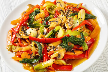 Stir Fry Vegetables on white plate, top view