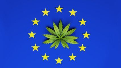 Cannabis plant and European union flag. Horizontal composition. Isolated with clipping path.