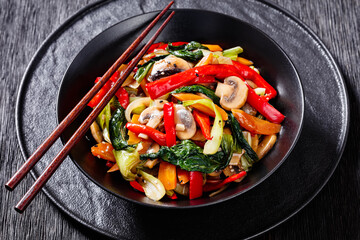 Stir Fry Vegetables in black bowl, top view