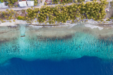 Aerial view of coral reef landscape with palm trees at tropical beach island of Fuvahmulah, a...