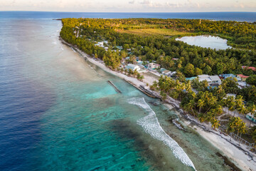 Aerial view of tropical beach landscape at Fuvahmulah island, a famous dive site for tiger sharks...