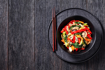 Stir Fry Vegetables in black bowl, top view