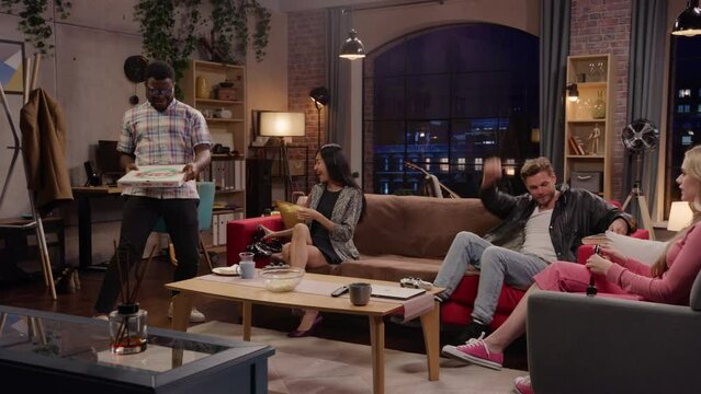 Television Sitcom Montage with Opening Theme Establishing Shot of Building. Friends have Fun at Home, Eating Pizza the Other Trying to Eat Healthy. TV Comedy Series. Network Channel, Streaming Service