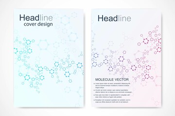 Vector templates for brochure magazine leaflet flyer cover booklet annual report. Modern futuristic hexagonal pattern with particle, molecule structure for medical, technology, chemistry, science.