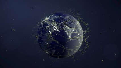 Pianeta Terra con luci accese e sfera cyber