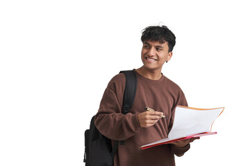 Young peruvian student smiling and looking at a side holding pen and folder. Isolated over white...