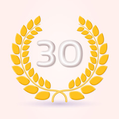 30 years anniversary laurel wreath 3d logo or icon. Jubilee, birthday badge, label design. 30th celebrating emblem. Vector illustration.