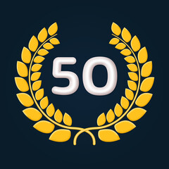 50 years anniversary laurel wreath 3d logo or icon. Jubilee, birthday badge, label design.50th celebrating emblem. Vector illustration.
