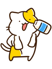 お風呂上がりの牛乳を飲むかわいいねこの手書き風イラスト