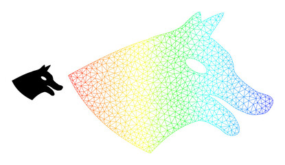 Spectral colored mesh dog head. Vector model is created from dog head icon. Colored frame mesh icon.