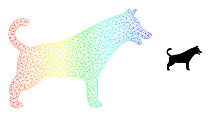Rainbow colored mesh dog. Vector model created from dog icon. Colored frame mesh icon.