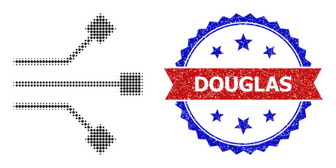 Halftone circuit nodes icon, and bicolor grunge Douglas seal stamp. Halftone circuit nodes icon is made with small round points. Vector seal with corroded bicolored style,