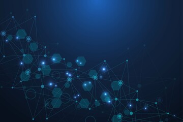 Science network pattern, connecting lines and dots. Technology hexagons structure or molecular connect elements.