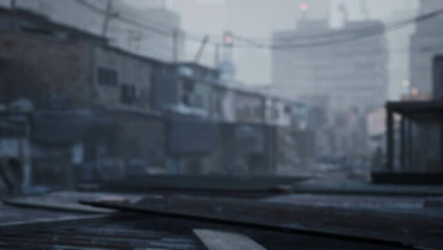 Slums with abandoned shacks and houses. The old district of the city and abandoned shacks. Slums and shacks in an deserted city. The animation is perfect for apocalyptic and mystical backgrounds.