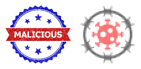 Halftone virus jail icon, and bicolor unclean Malicious watermark. Halftone virus jail icon is made with small circle dots. Vector seal with unclean bicolored style,