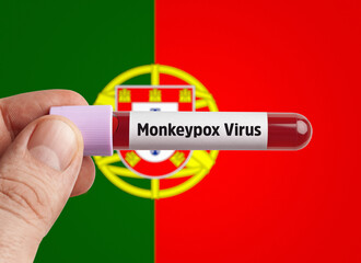 Monkeypox virus infected blood in test tube in front of Portugal flag