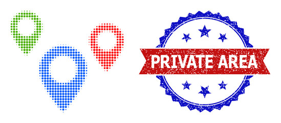 Halftone map objects icon, and bicolor rubber Private Area seal stamp. Halftone map objects icon is made with small circle items. Vector seal with corroded bicolored style,