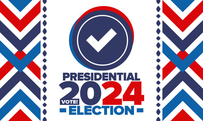 Presidential Election 2024 in United States. Vote day, November 5. US Election campaign. Make your choice! Patriotic american vector illustration. Poster, card, banner and background